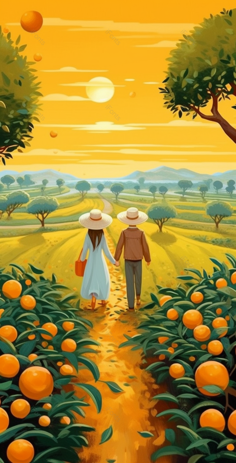 在橘子园看日出二十四节气-芒种-唯美插画背景,插画/手绘图,插画/手绘图库,插画/手绘图下载,插画/手绘